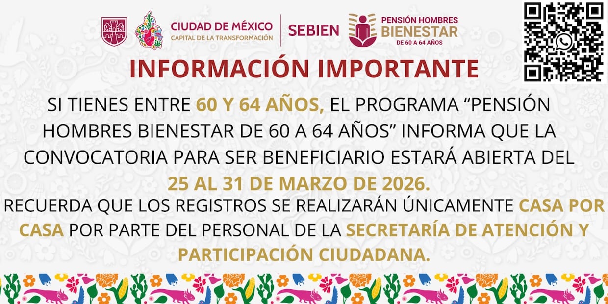 Pensión Hombres Bienestar 2026: últimos días de registro para recibir 3 mil pesos en CDMX. Foto: SEBIEN