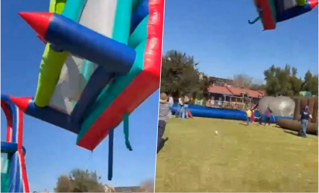 Tragedia en festival escolar: castillo inflable sale volando y deja a dos niños graves. VIDEO