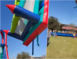 Tragedia en festival escolar: castillo inflable sale volando y deja a dos niños graves. VIDEO