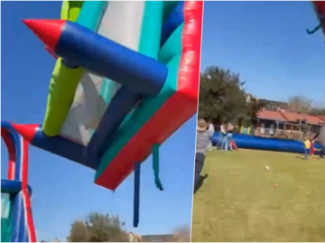 Tragedia en festival escolar: castillo inflable sale volando y deja a dos niños graves. VIDEO