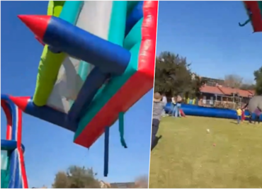Tragedia en festival escolar: castillo inflable sale volando y deja a dos niños graves. VIDEO