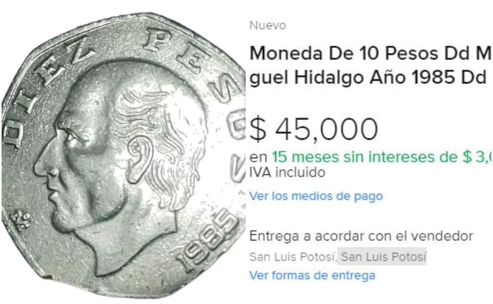 Moneda de Miguel Hidalgo a la venta en internet. Foto: Captura / MercadoLibre