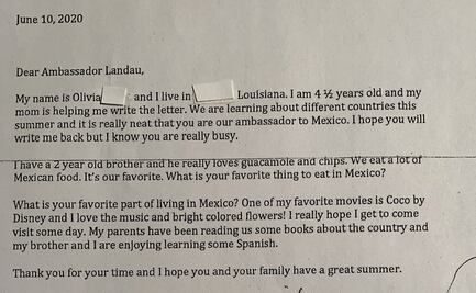 “La comida mexicana es mi favorita”, cuenta niña de EU en carta a embajador Landau