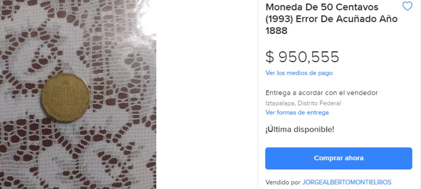 Piden casi $1 millón de pesos por moneda de 50 centavos con error de acuñación. Foto: Mercado Libre