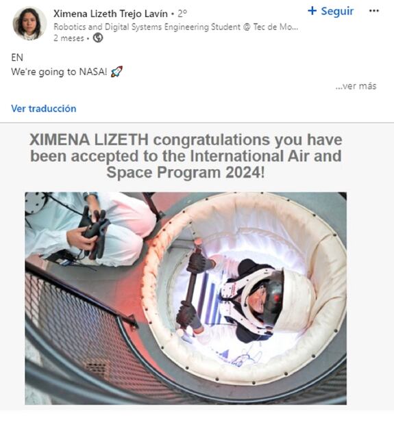 Joven mexicana anuncia su llegada a la NASA; podría trabajar para la Estación Espacial Internacional. Foto: Tomada de LinkedIn