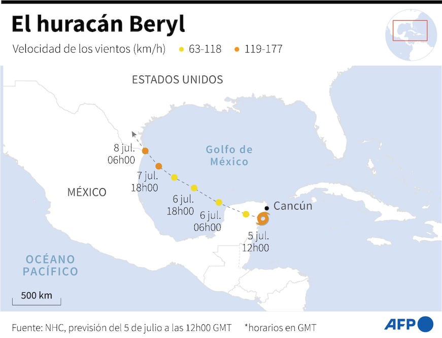 Huracán Beryl se debilita sobre México pero mantiene su peligrosidad hacia Texas(Photo by Gustavo IZUS and Gabriela VAZ / AFP)