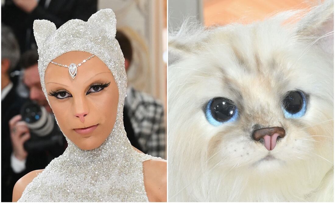 Doja cat y Jared Leto impactan en la alfombra de la Met Gala 2023 con traje de gato. Foto: AFP