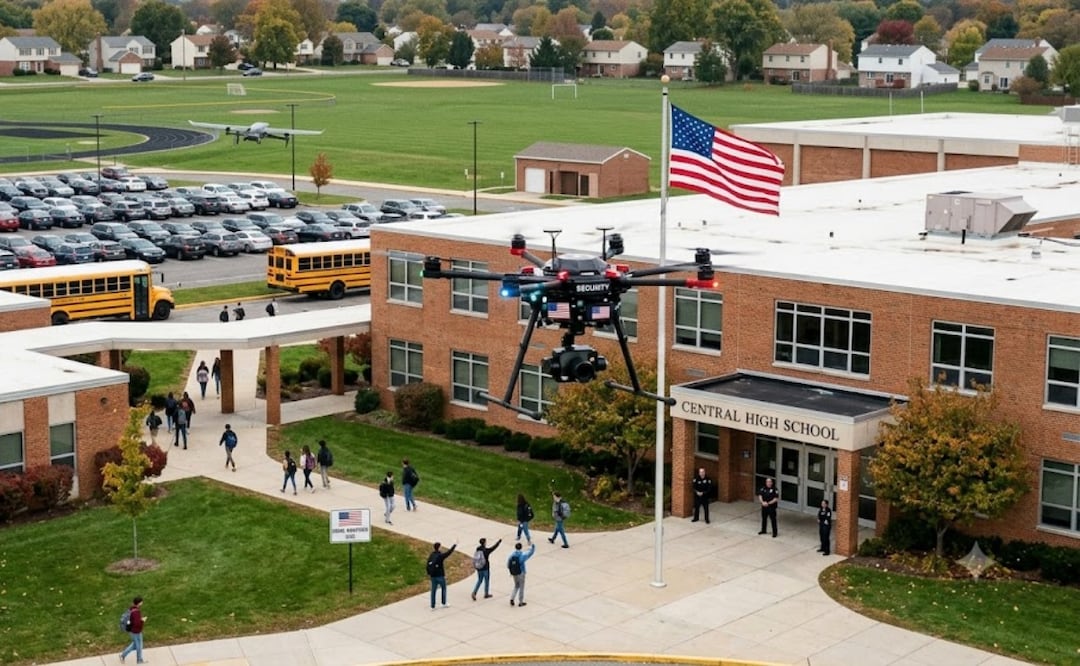 ¿El fin de los tiroteos escolares? Escuelas de Estados Unidos probarán drones que inmovilizan a agresores. Foto: IA