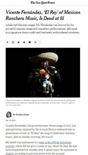 Así cubrieron los medios de EU la muerte de Vicente Fernández