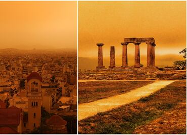 Imagen fantasmal en Atenas, Grecia: Cielo se tiñe de naranja. VIDEO