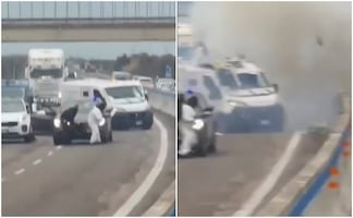 IMÁGENES | Espectacular asalto en carretera de Italia: camionetas blindadas baleadas, autos en llamas y humo negro