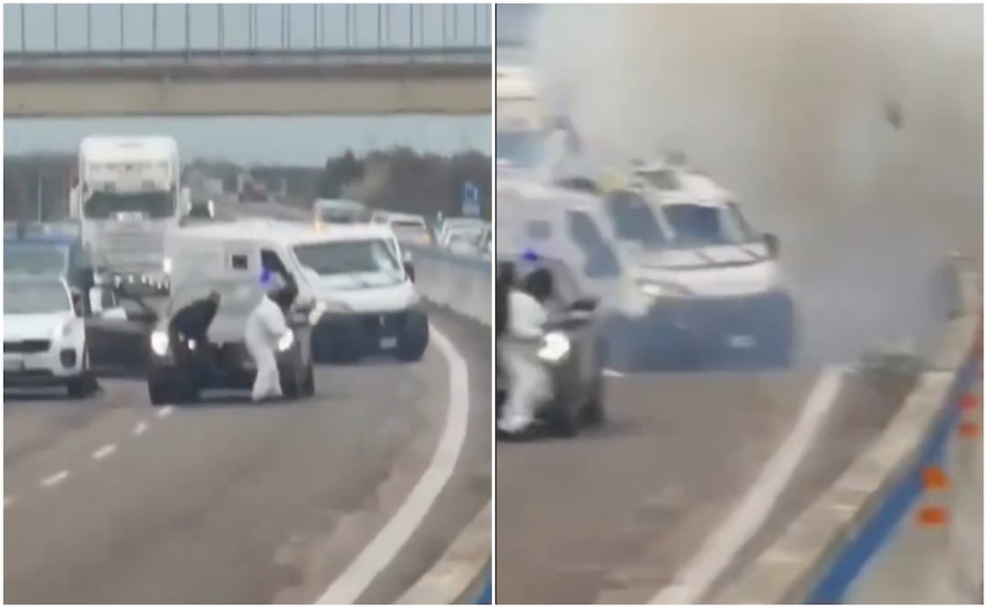 IMÁGENES | Espectacular asalto en carretera de Italia: camionetas blindadas baleadas, autos en llamas y humo negro. Foto de video @EFEnoticias
