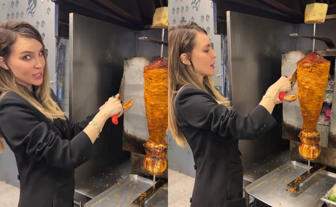 ¡Más mexicana que nunca! Captan a Belinda despachando tacos de pastor desde el trompo. Foto: Belinda/TikTok