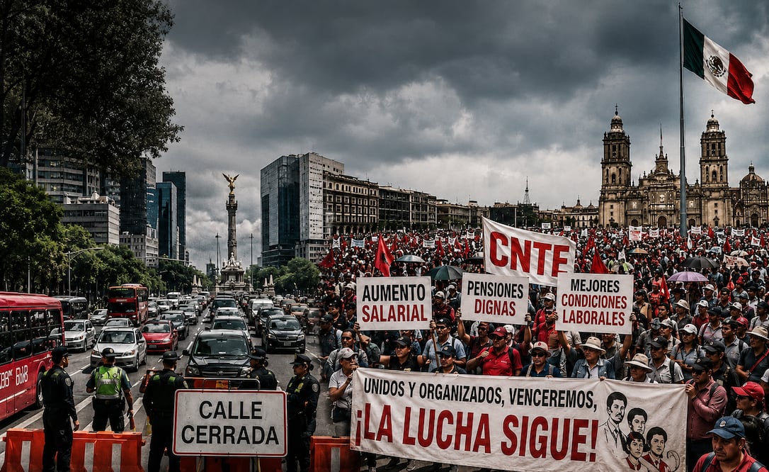 Marcha CNTE CDMX 15 de mayo: rutas, calles cerradas y demandas por el Día del Maestro. Foto generada con IA