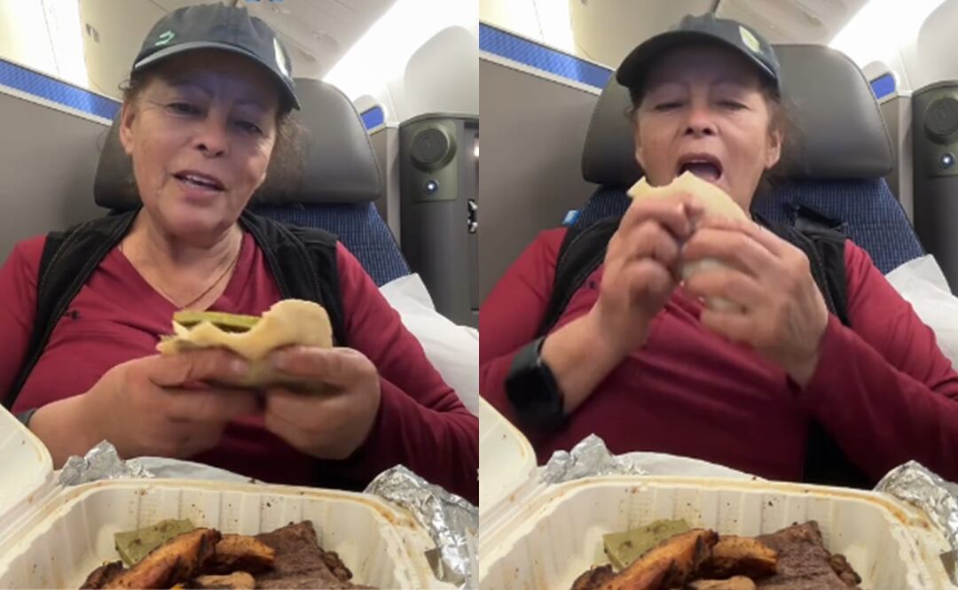 Critican a mujer por preparar tacos de carne asada en avión; “viajando en primera clase y comiendo mi comida favorita”. Foto: Captura TikTok