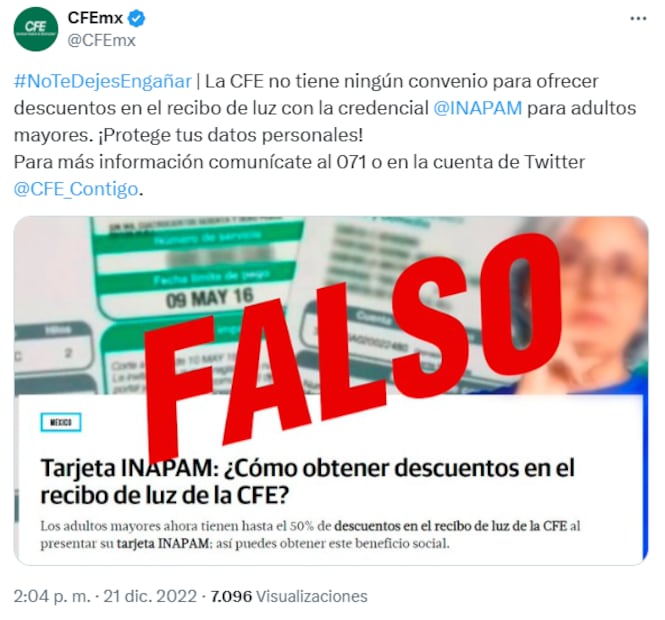 Descuentos INAPAM CFE. Foto: Tomada de X @CFEmx