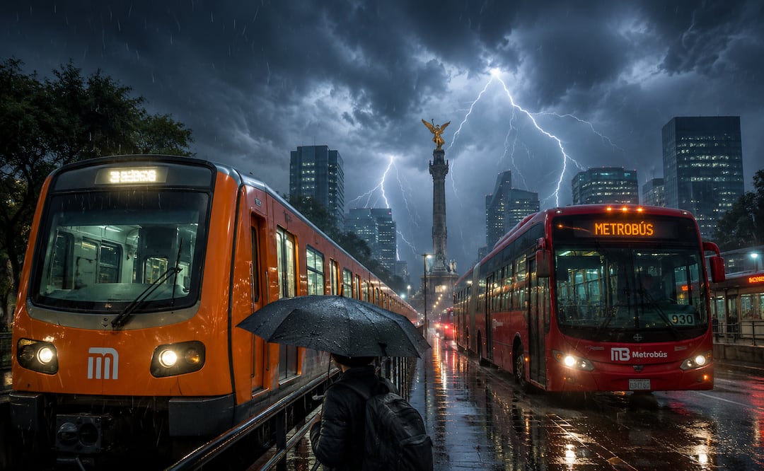 ¡Alerta en CDMX! Tormentas eléctricas frenan Metro y Metrobús; activan marcha de seguridad. Foto: IA