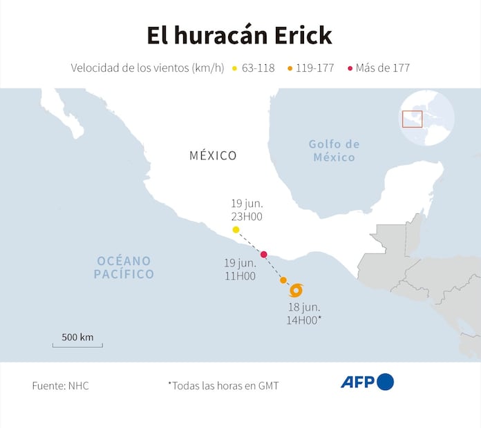 Mapa con la trayectoria prevista del #Huracan #Erick , que tocará tierra el jueves 19 de junio en el sur de México, según datos del Centro Nacional de Huracanes (NHC) de Estados Unidos. AFP