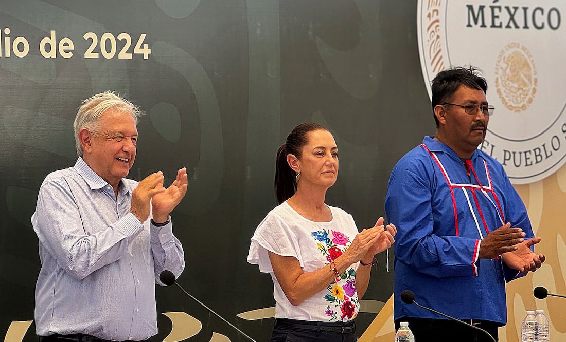 AMLO y Claudia Sheinbaum inauguran primer distrito de riego operado por indígenas. Foto: EFE
