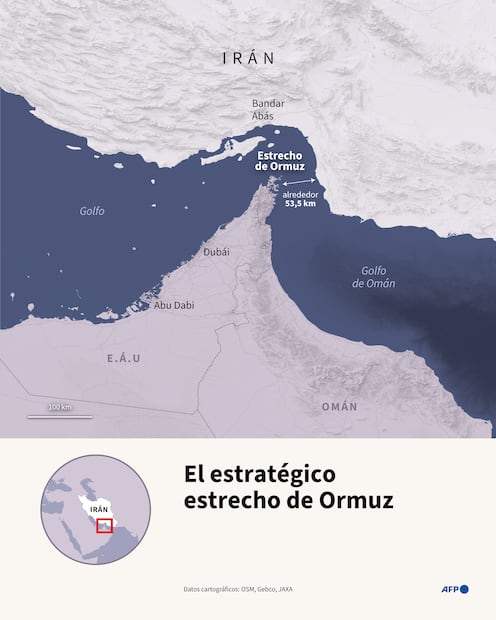 Mapa del estrecho de Ormuz, angosto y poco profundo, que comunica el Golfo con el golfo de Omán, y constituye un paso clave del comercio mundial de petróleo (Infografía de AFP)