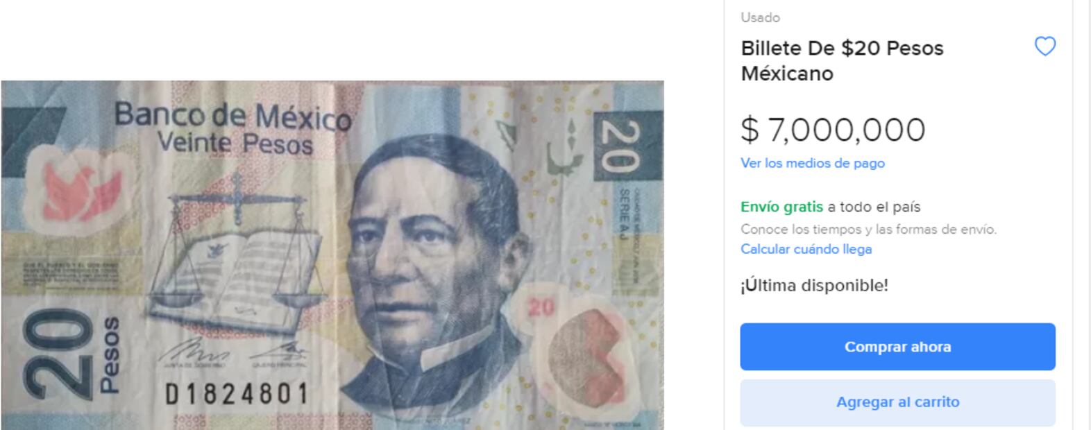 Piden hasta $7 millones de pesos por este billete de $20 de Benito Juárez. Foto: Mercado Libre