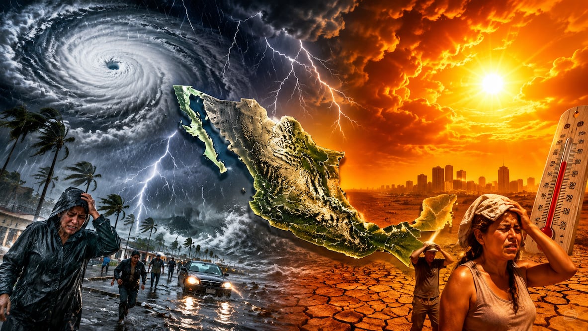 México bajo doble amenaza: ciclones, lluvias torrenciales y calor de 45°C este fin de semana. Foto IA
