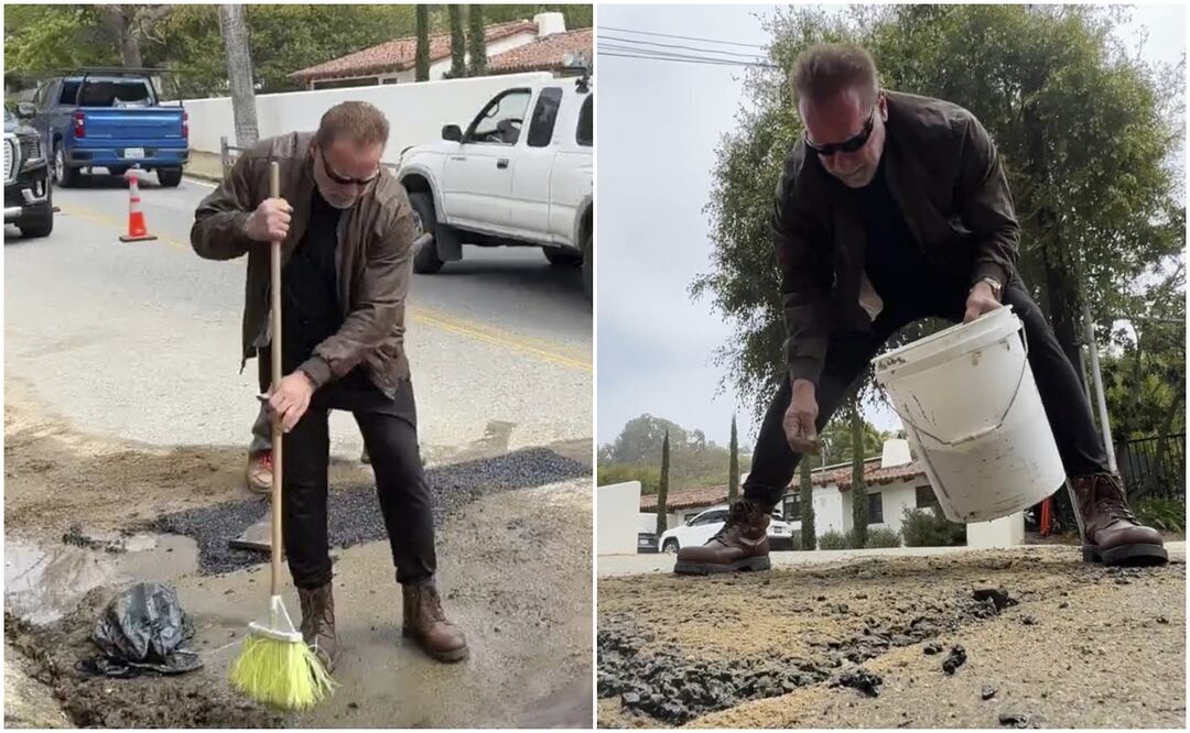 Arnold Schwarzenegger repara bache en California. Foto: AP