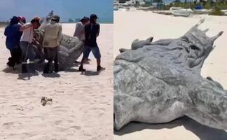 ¿Los yucatecos lo lograron? Se viralizan fotos de la estatua de Poseidón desmontada en Progreso
