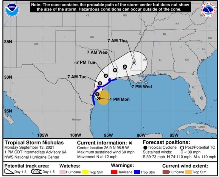 Tormenta Nicholas se acerca a Texas. Mapa de trayectoria