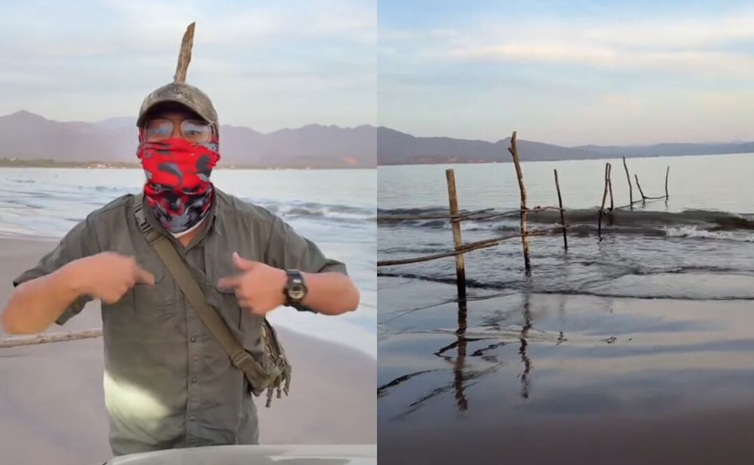 Hombre encapuchado se adueña de playa y construye muralla para impedir el paso | Fotos: Video Tiktok @josue_jaib