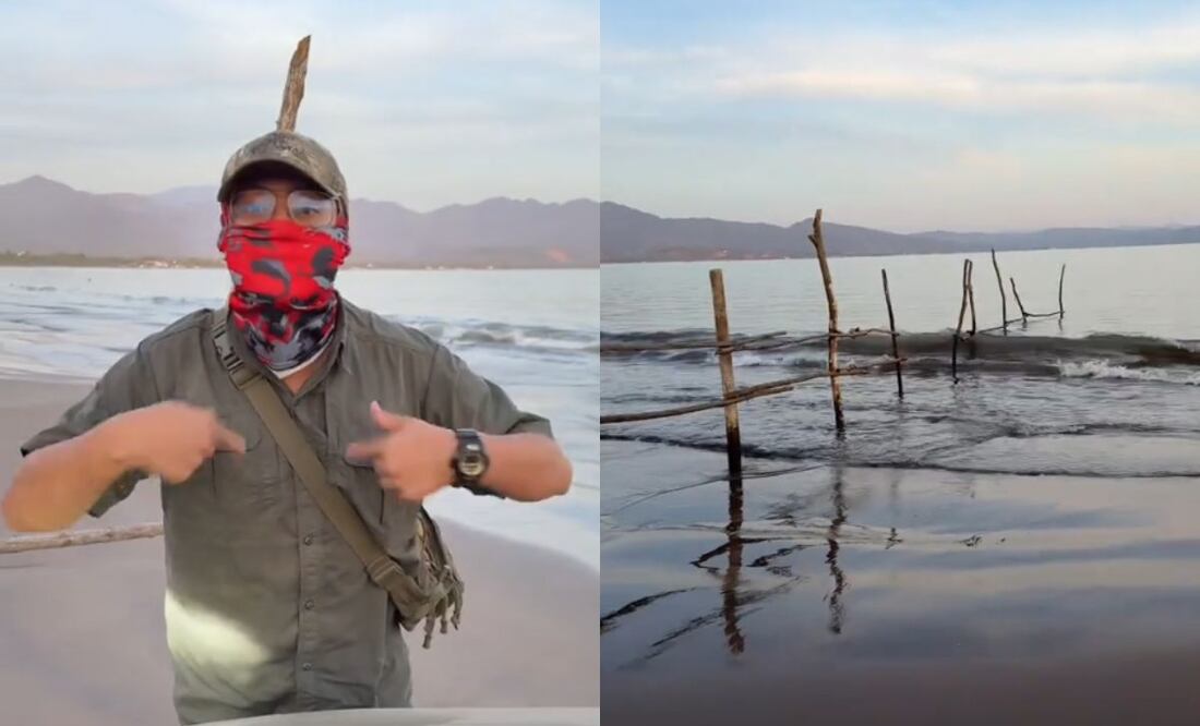 Hombre encapuchado se adueña de playa y construye muralla para impedir el paso | Fotos: Video Tiktok @josue_jaib