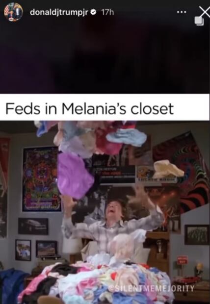 Hijo de Donald Trump comparte meme del FBI hurgando entre la ropa interior de Melania 