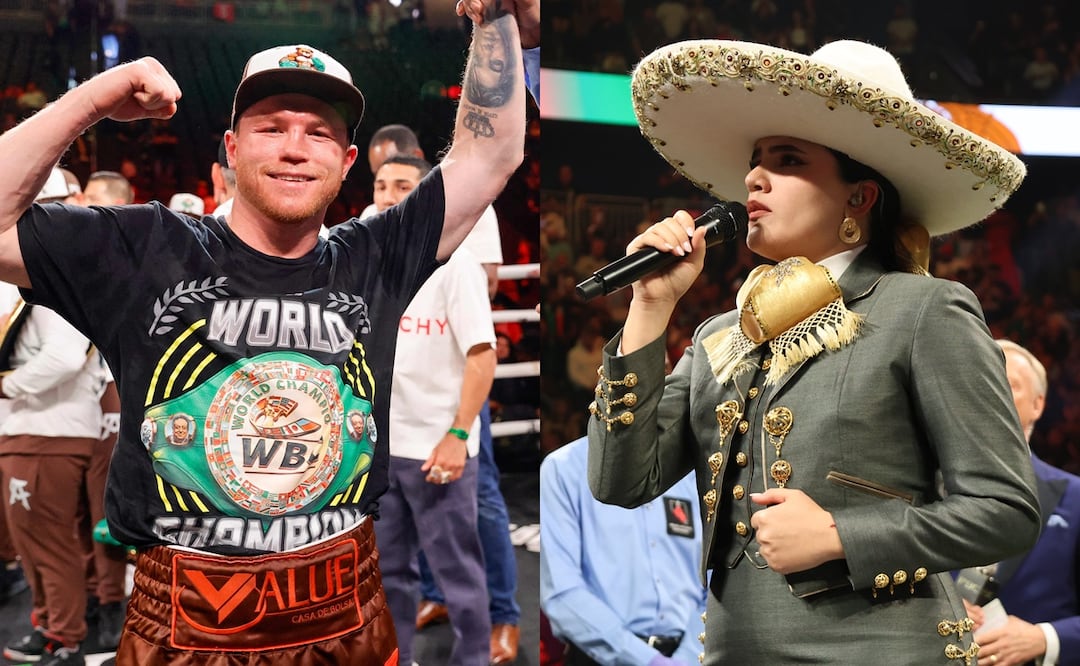 Canelo Álvarez defiende a Camila Fernádez tras críticas por equivocarse en el Himno Nacional. Foto: Steve Marcus/ Getty Images/ AFP/ Octavio Guzmán/ EFE