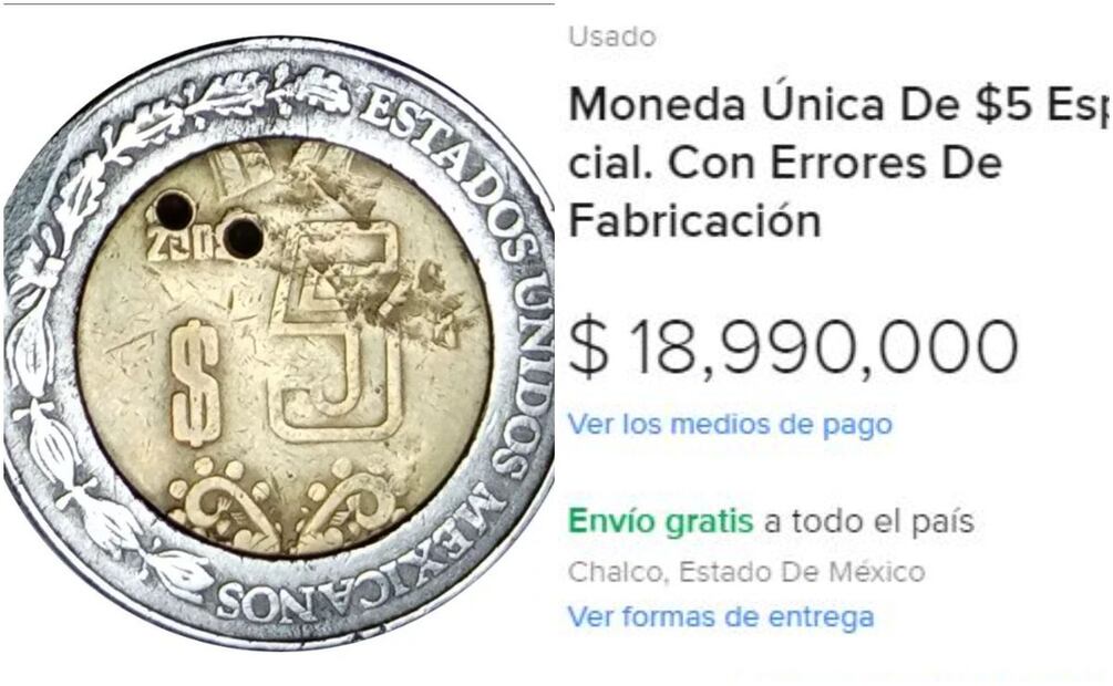 Moneda de $5 pesos con errores de fabricación se vende en internet. Foto: MercadoLibre / Captura