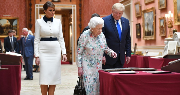 El presidente de EU, Donald Trump, Melania y la reina Isabel II