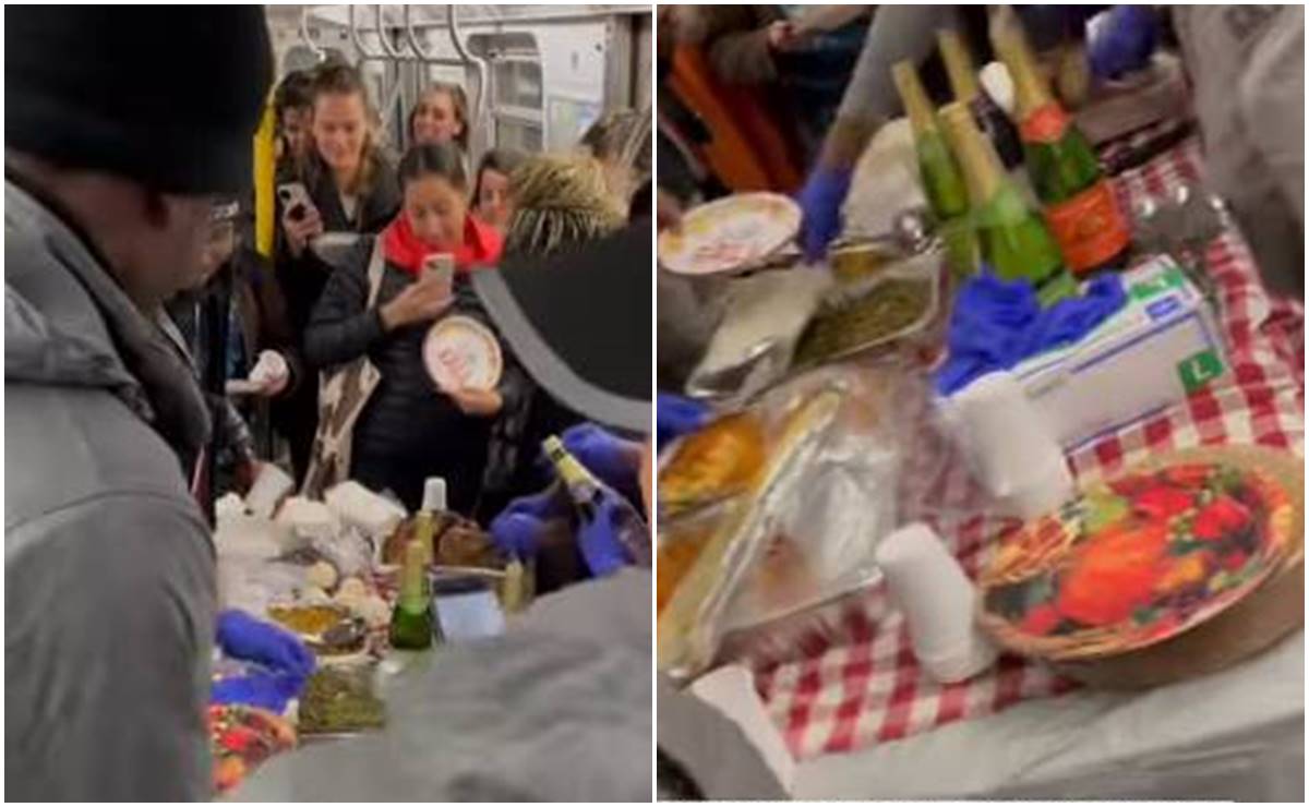 Sorprenden a pasajeros con banquete de Thanksgiving en vagón de Metro de NY