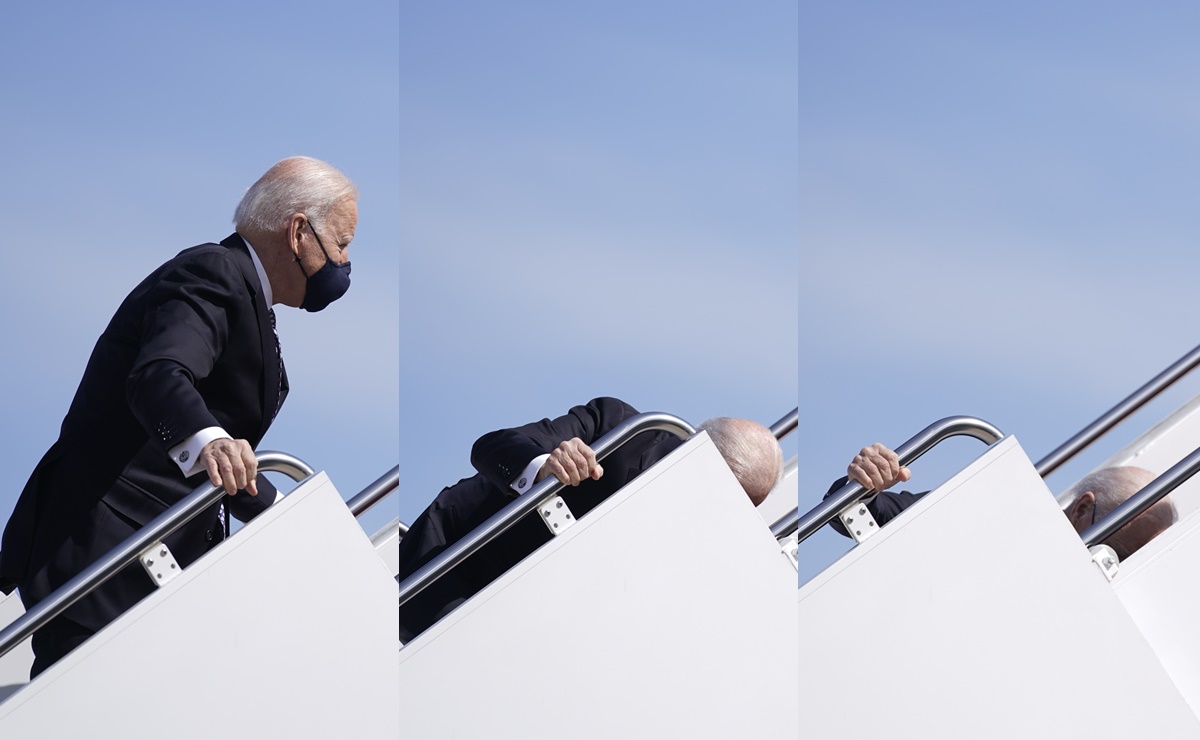 Joe Biden torpieza al subir el Air Force One