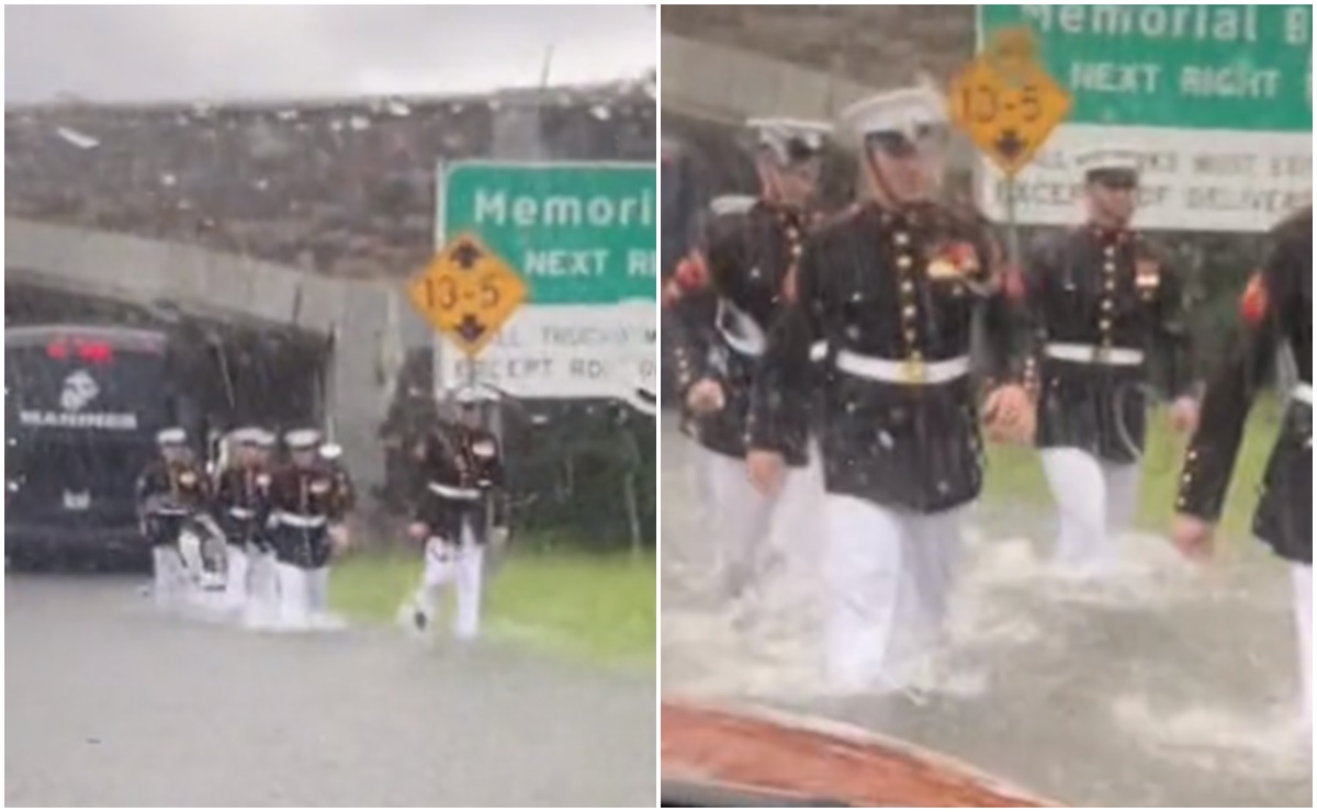 Marines uniformados ayudan a mujer varada por lluvias en EU